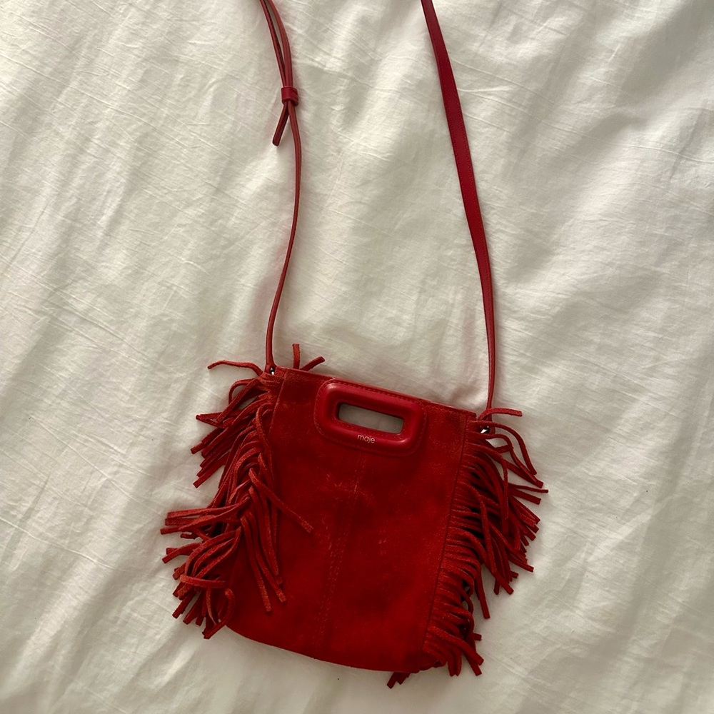 MAJE Red Suede Fringe Mini Crossbody Bag